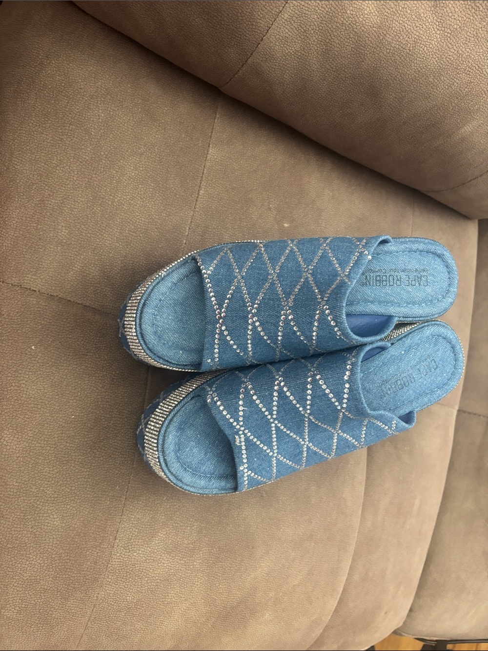 Cape Robbin Blue Denim Slip-On Sandals with Rhinestone Accents